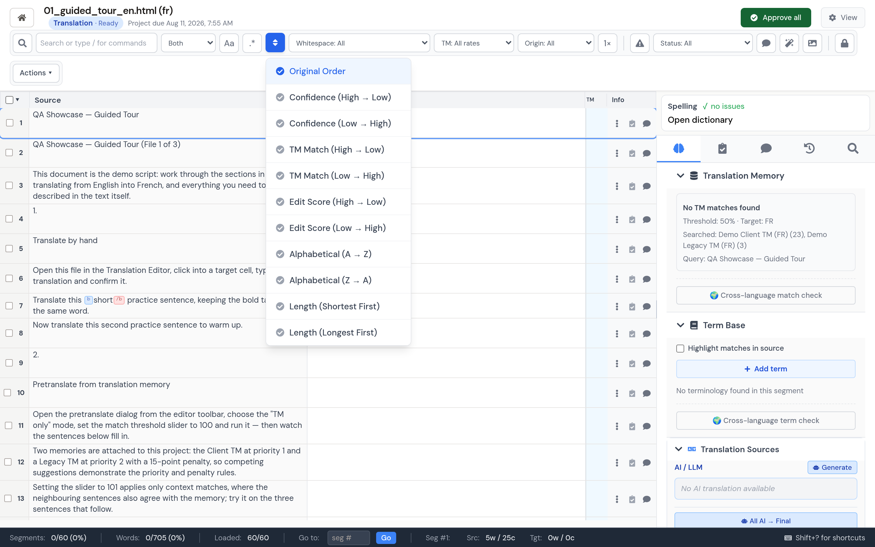 Editor filtering and sorting controls