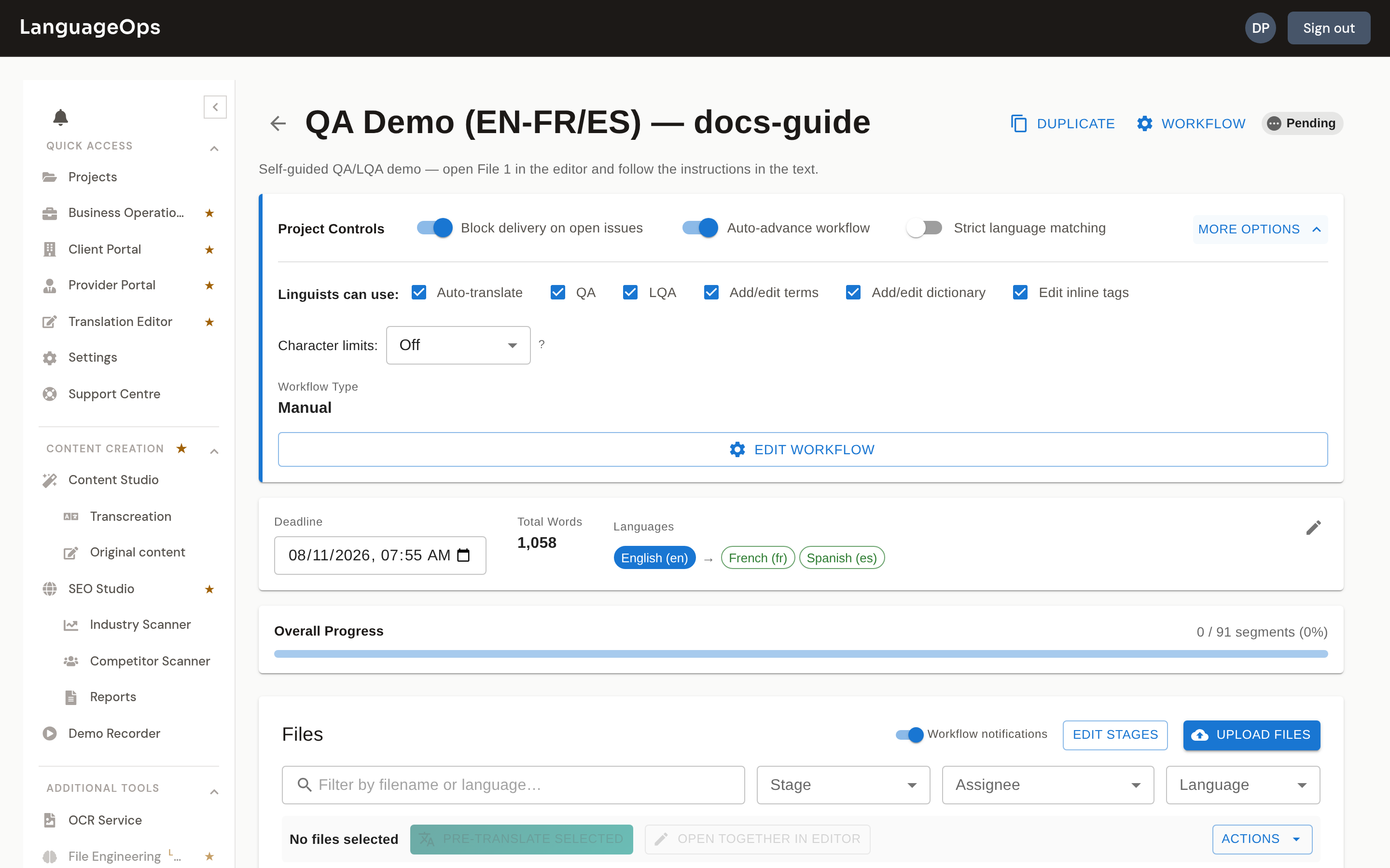 Project controls for linguist permissions