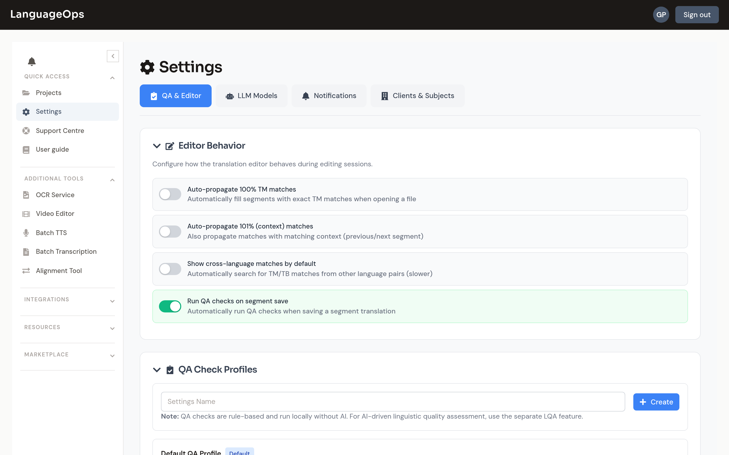 QA settings