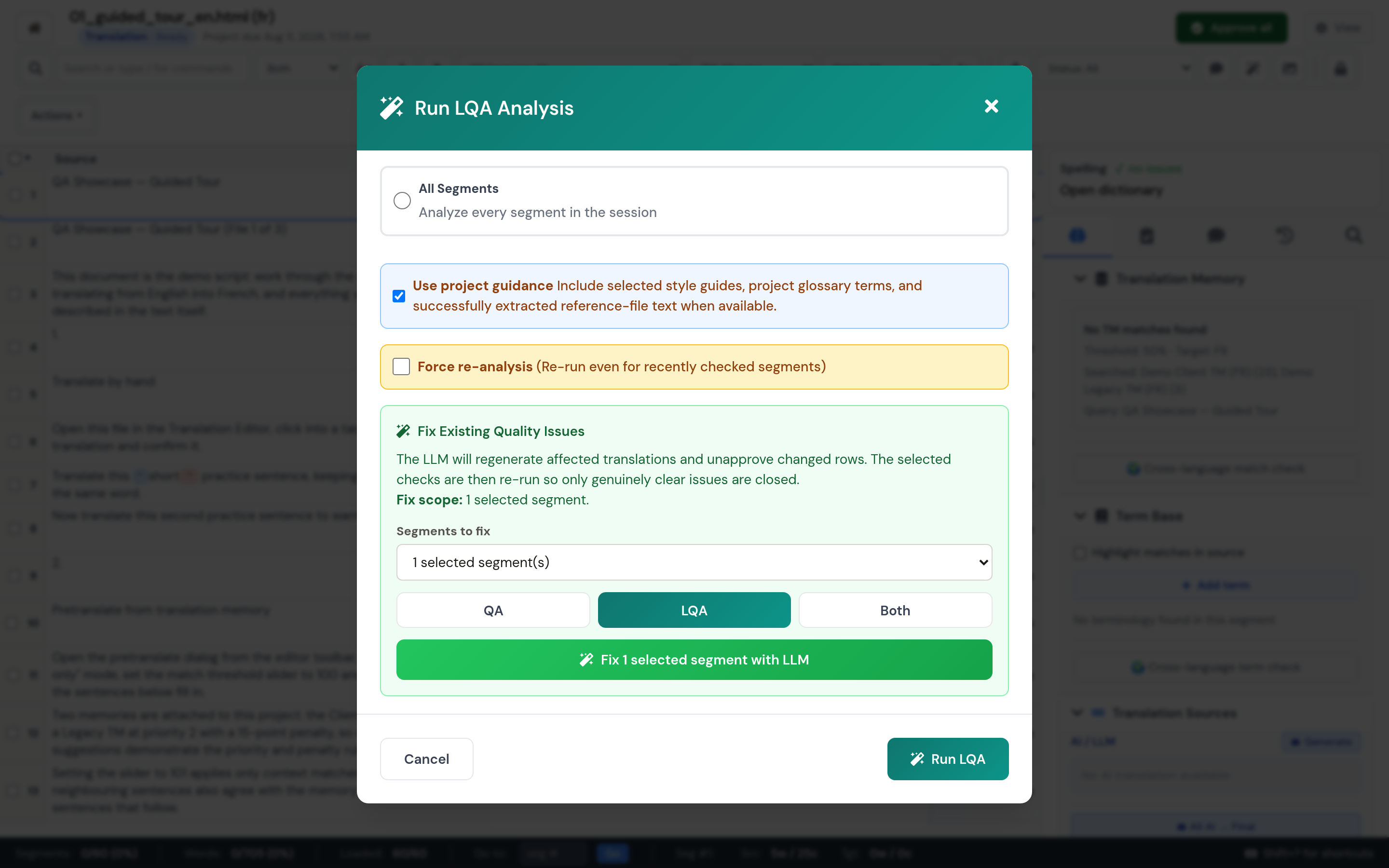 Fix Existing Quality Issues dialog